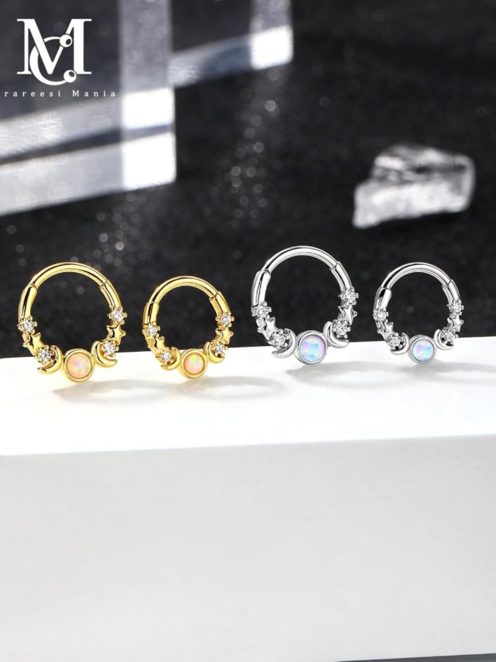 Opal Moon Phase Septum Ring 16G - Stainless Steel Daith Piercing Hoop Jewelry - Picture 7 of 7